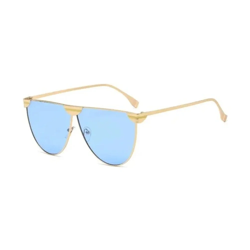 Mens‎ Gold Shield  Sunglasses Blue Tint Lens Flat Top Metal Frame Streetwear New